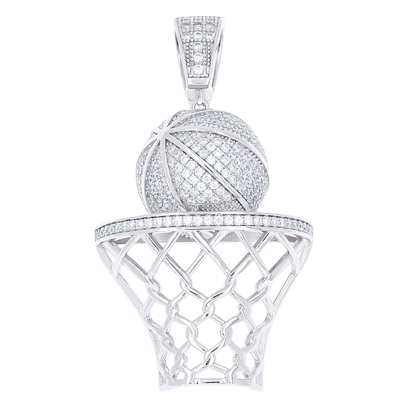 925 Sterling Silver Mens Cubic-Zirconia Basket Ball Sports Charm Pendant